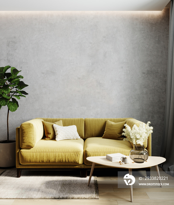 带黄色沙发的客厅内部，客厅内部模型，北欧风格，三维效果图