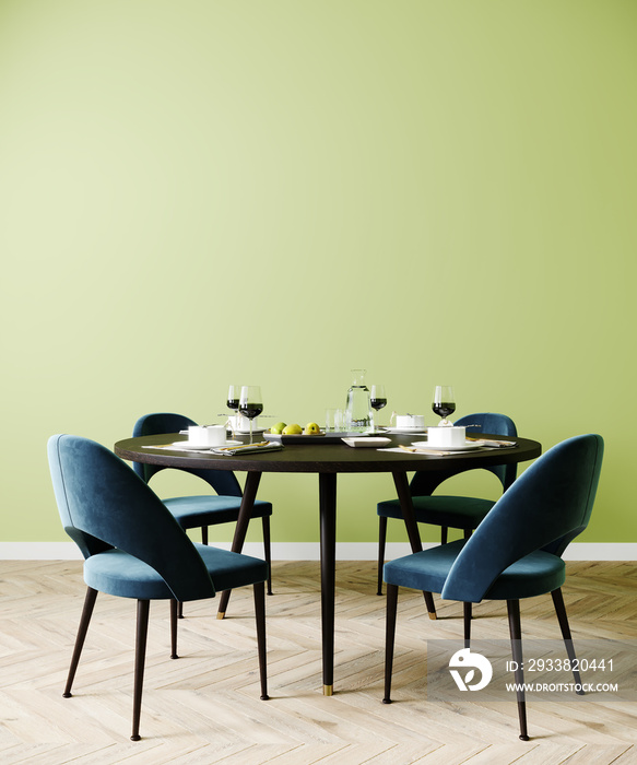 Poster mock up in dining room, stylish interior with blue chair and green wall, 3d rendering