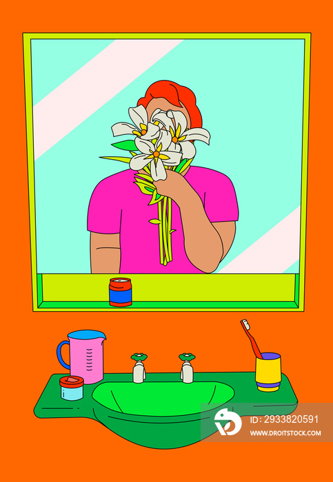 Person holding sampaguita flowers in front of a mirror