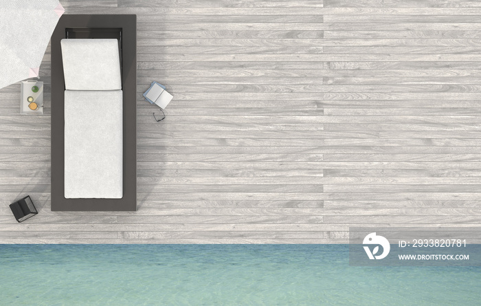 海滩休息室俯视图-度假海景日光甲板。3D渲染