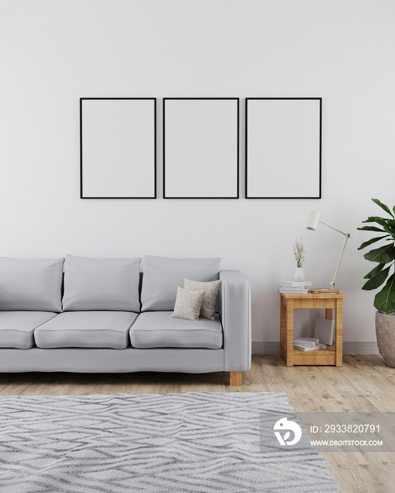 Three poster frames mockup in modern and minimalist interior of living room with sofa, white wall an