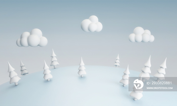 蓝色山丘上的卡通圣诞树，三维渲染，三维插图
