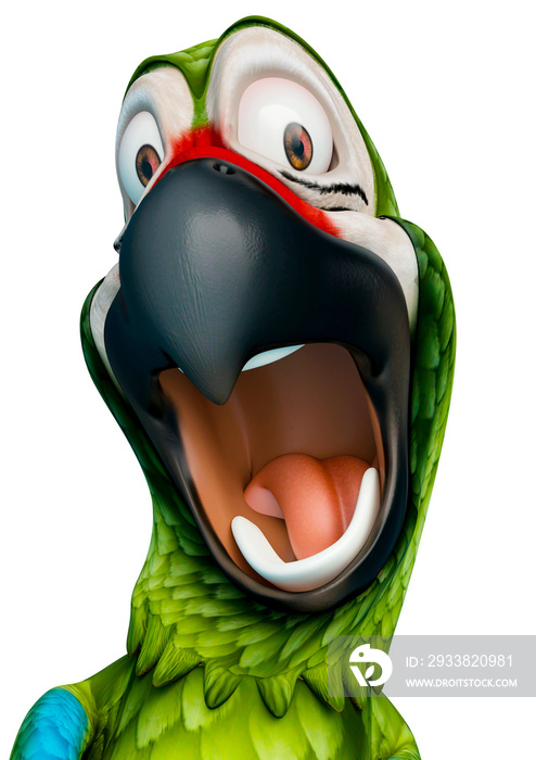 green parrot cartoon is is surprised in a white background