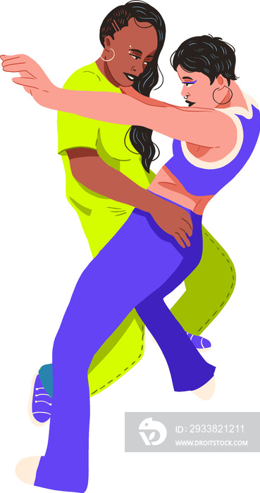 two women dancing funk short hair green shirt transparent background