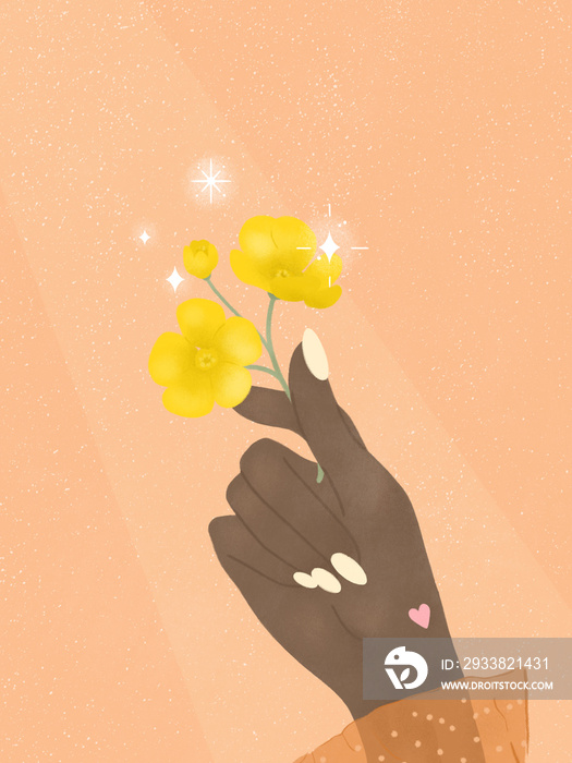 dark skin tone hand holding buttercup flowers with sparkling stars