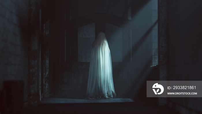 Floating Ghost Evil Spirit Looking Over Her Shoulder in a Derelict Asylum Hospital 3d Illustration