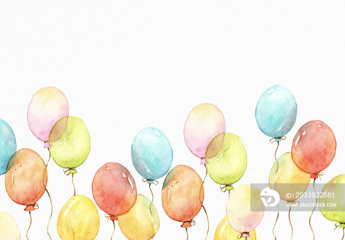彩色气球水彩画框架插图，黄色、红色、蓝色、绿色、粉色、橙色，隔离开