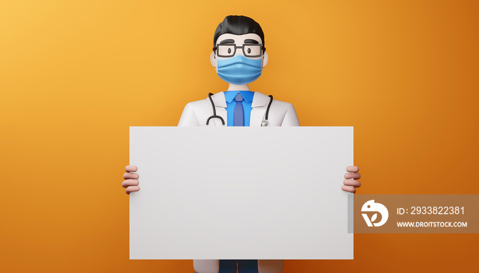 Doctor wearing mask with blank screen, empty board, 3d rendering.