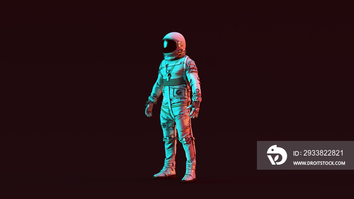 复古宇航员白色太空服，带红蓝Moody 80年代照明，四分之三左视图3d插图