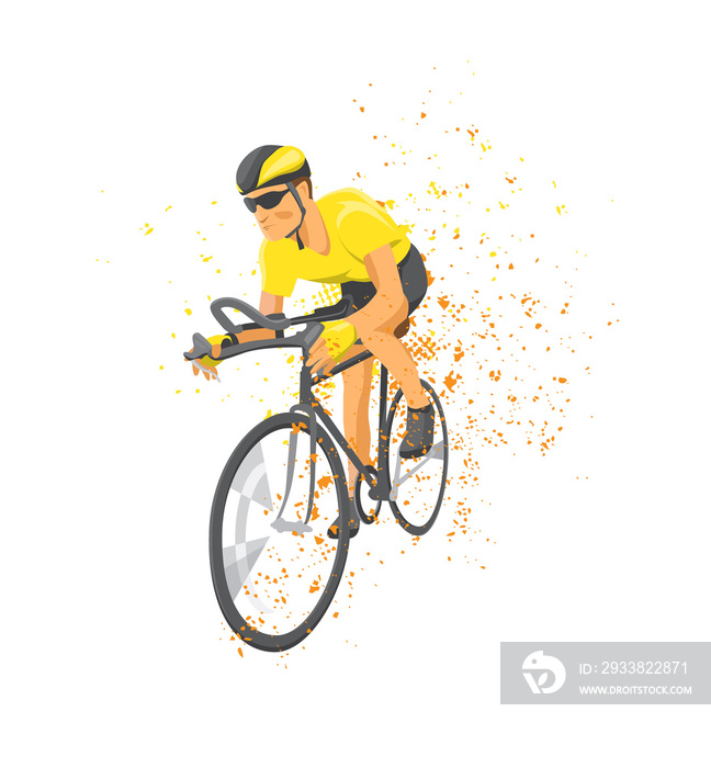 Man in yellow cycling clothes riding a bike with splash effect motion.