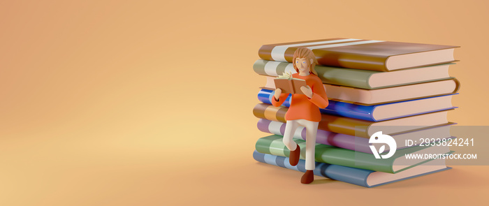 Education concept. 3d of A woman read the book on orange background. Modern flat design isometric co