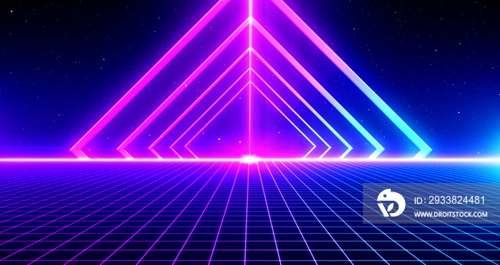 Retro Sci-Fi Background Futuristic Grid landscape of the 80`s. Digital Cyber Surface. Suitable for d