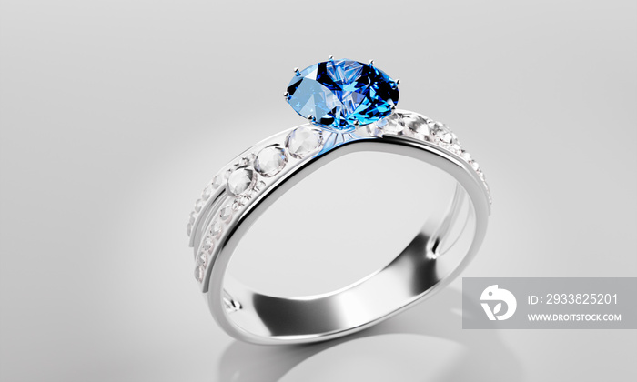 The large blue diamond is surrounded by many diamonds on the ring made of platinum gold placed on a 