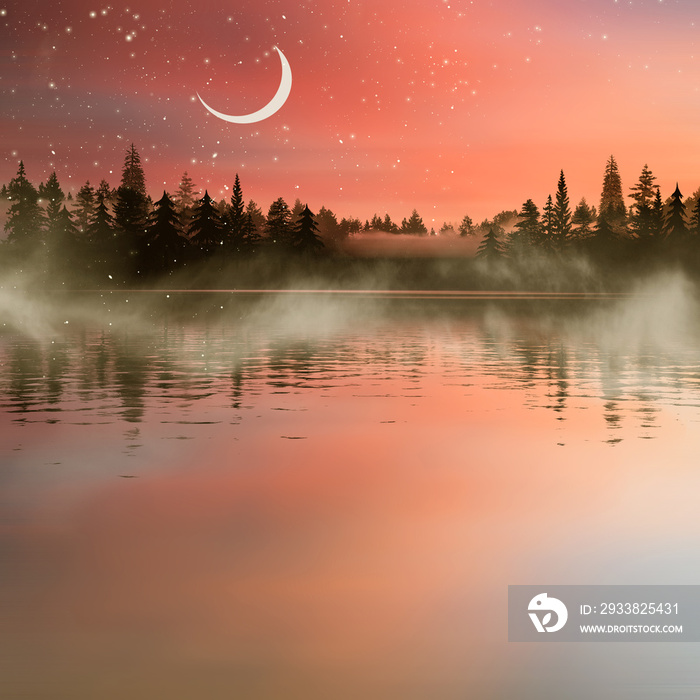 3D illustration. Beautiful landscape during sunset.