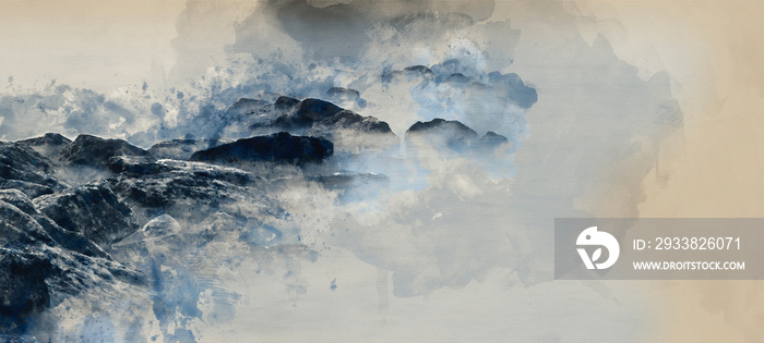 Digital watercolour painting of landscape image of calm sea over rocks at dawn