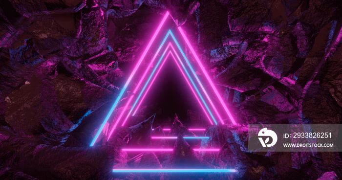 3D rendering, abstract background, space landscape, triangular portal, pink blue neon light, virtual