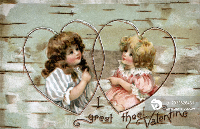 Two children, 1800s, enclosed in heart shapes, on wood grain background. Vintage Valentine Postcard 