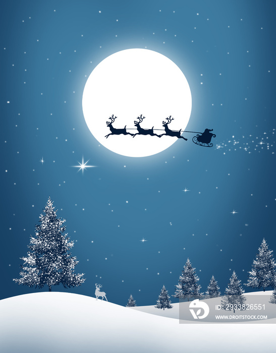 Christmas reindeer and Santa`s sleigh , tree , Season december