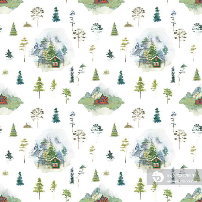 Watercolor trees seamless pattern. Mountain house illustration