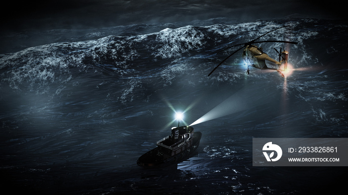 暴风雨海上救援直升机飞越渔船的概念艺术