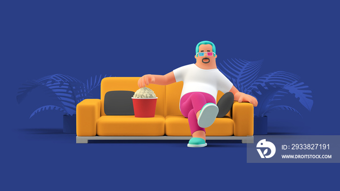 Man sitting on Sofa in 3D glasses eating popcorn watching 3D video game.
