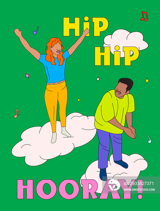 Greeting card style illustration of two people playing Filipino game, hip hip hooray, on a cloud wit