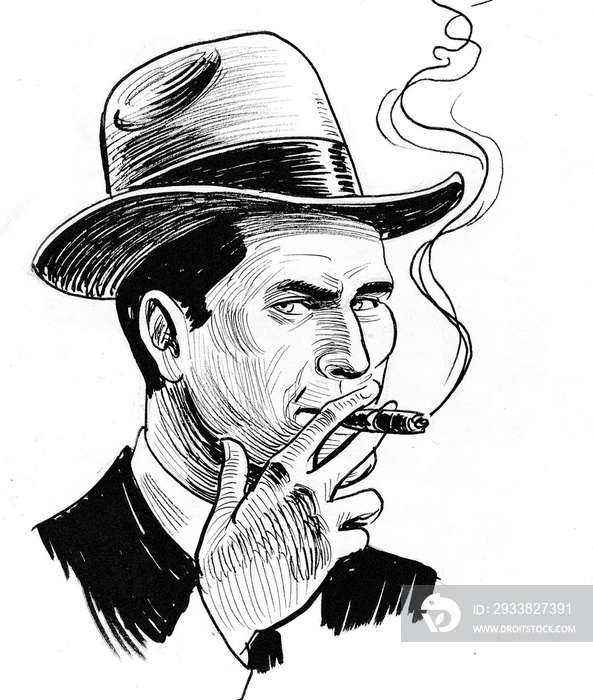 Ink black and white drawing of a man in hat smoking a cigar. Ink black and white drawing