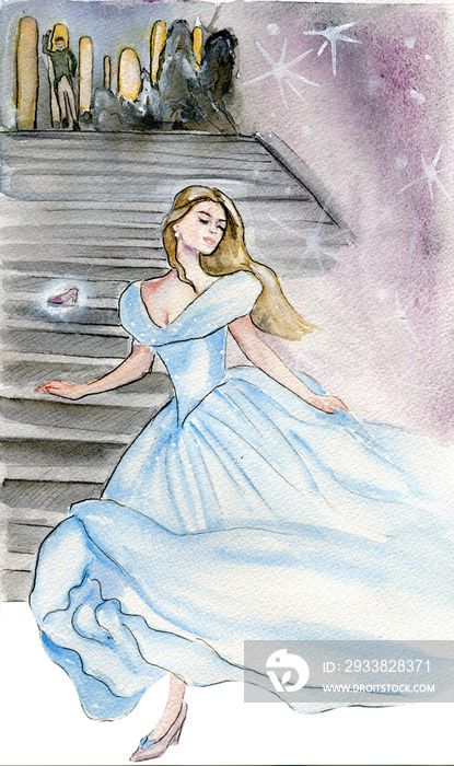 Cinderella runs away from the prince and loses her shoe on the stairs