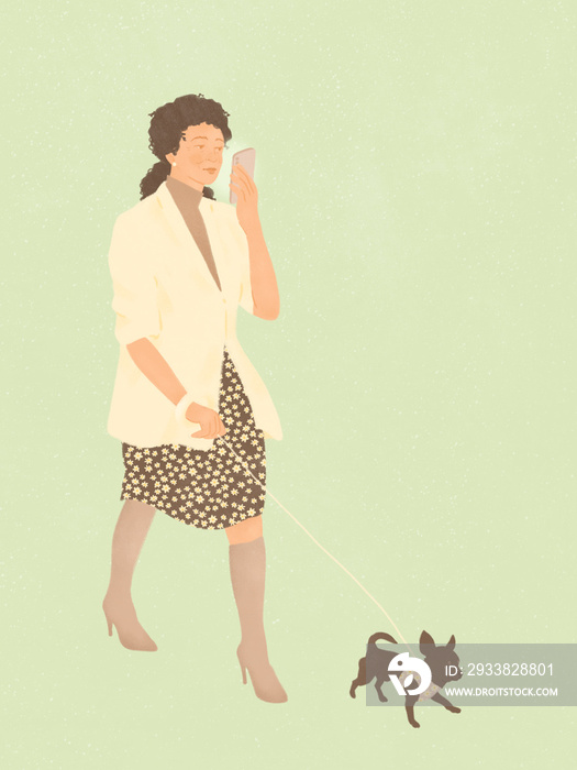 chic confident middle aged business woman walking a chihuahua and reading a message from her phone