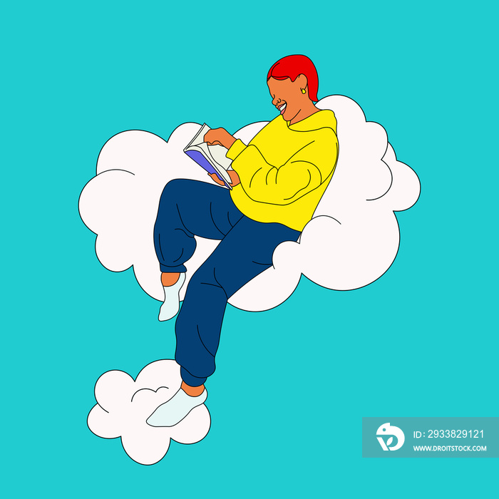 Girl with short hair reading a book on a cloud