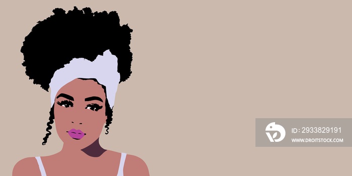 可爱的黑人非裔美国女孩或妇女的背景。高蓬松卷曲非洲头发的肖像
