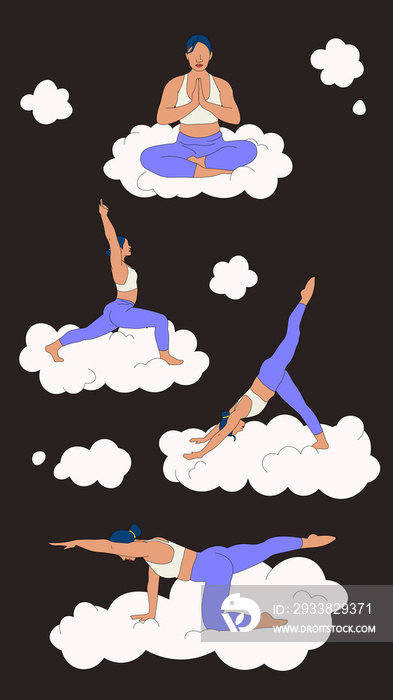 Filipino woman in purple doing various yoga poses on a cloud