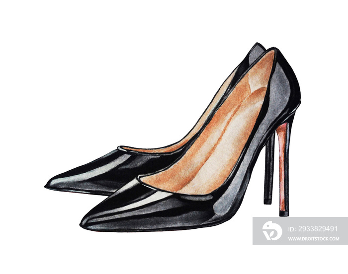 Womens black  leather shoes on high heels. Watercolor illustration. Hand drawn. Fashion sketch. Clos