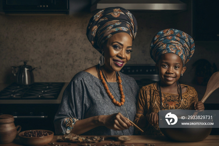 Generative AI. Igbo mother and child in the kitchen