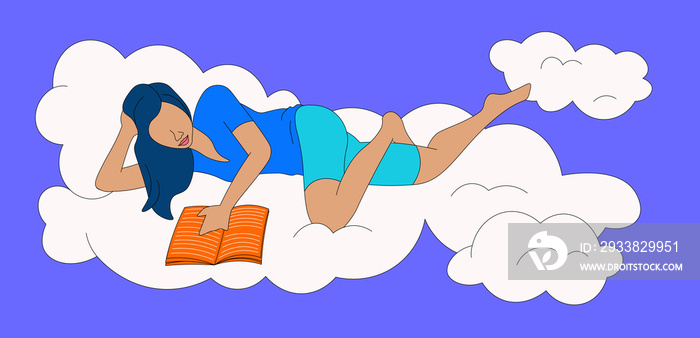 Girl with straight hair lying down reading on a cloud