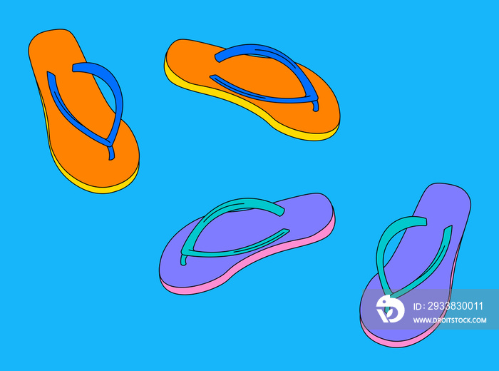 Orange and purple tsinelas (flip-flops) on a blue background