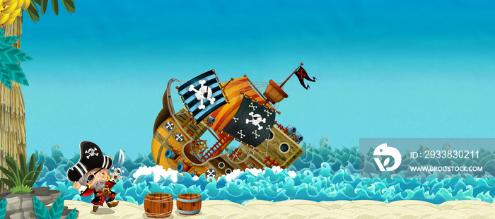 海盗在海上与沉船搏斗的卡通场景——给孩子们的插图
