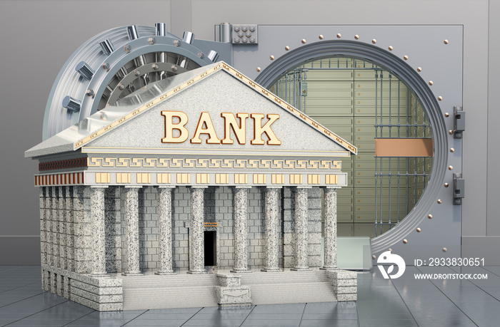 Bank building with opened bank vault. Financial calendar concept, 3D rendering