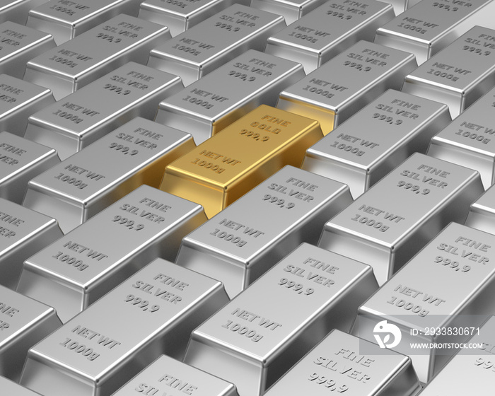 Rows of silver bars and one gold bar among them. 3d illustration