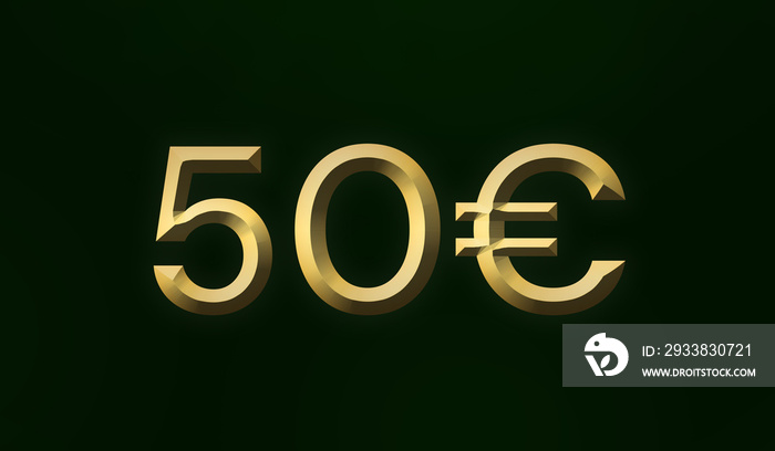 Digital render of a gold 50 Euro sign on a black background