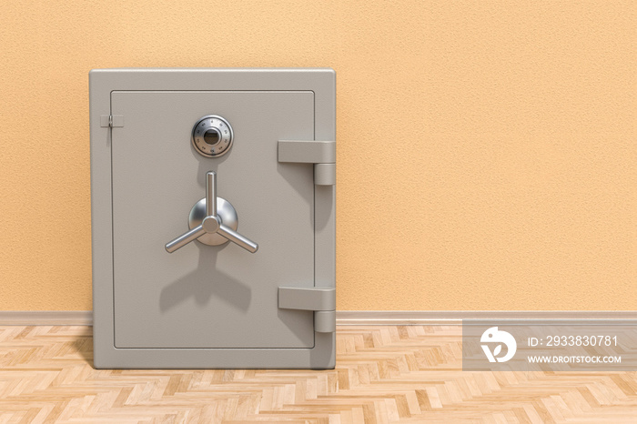 Safe box with combination lock on the floor in the room, 3D rendering