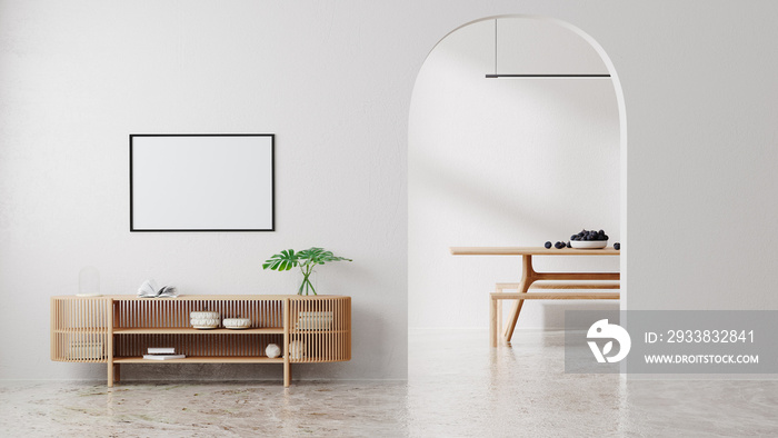 现代室内白色水平相框实物模型，带拱形、木制家具。