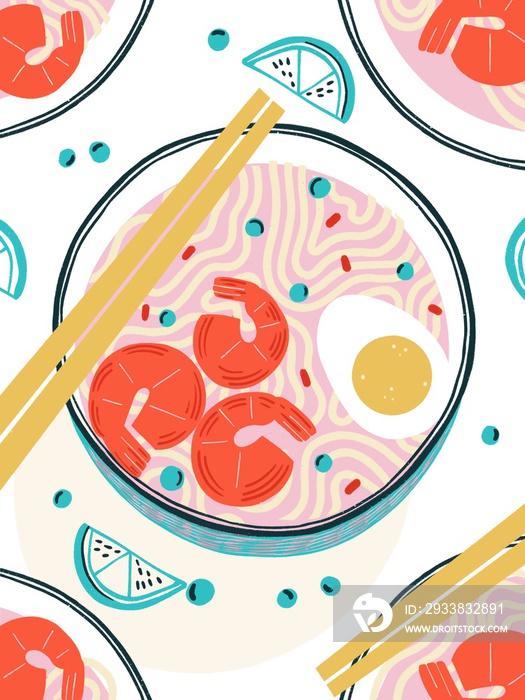 Flat appetizing noodles soup. Abstract noodles, shrimp, lemon. Colored Japanese food  illustration. 