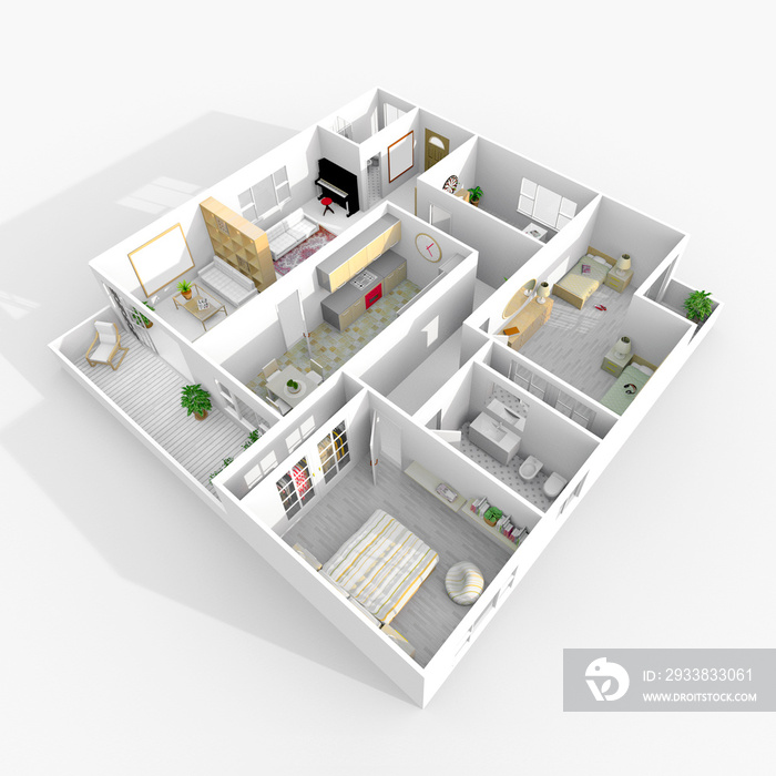 带家具的家庭公寓的三维室内效果图