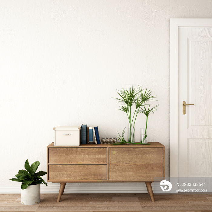 生活区或接待处的室内设计，配有白墙、扶手椅、橱柜、地毯上的植物和