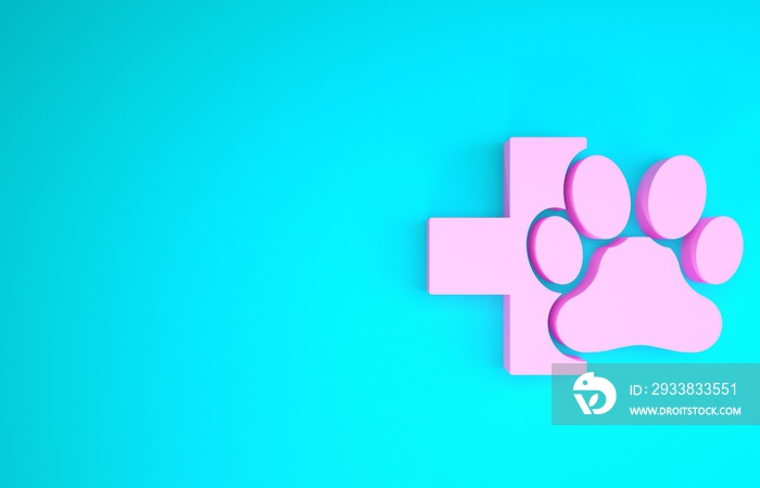 Pink Veterinary clinic symbol icon isolated on blue background. Cross hospital sign. A stylized paw 