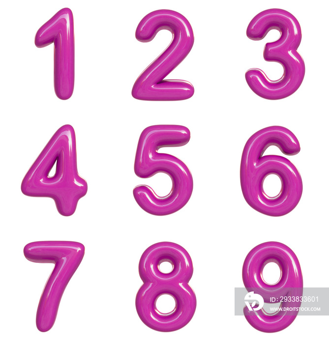 Glossy pink number. 3D render of bubble font isolated on white background