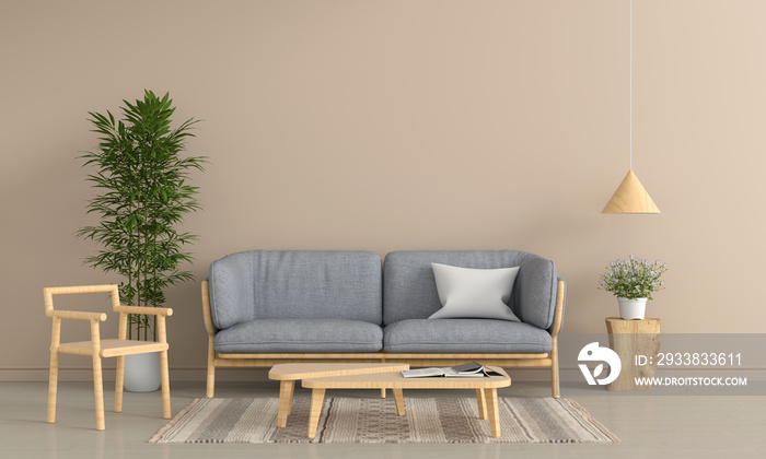 棕色客厅内部的灰色沙发和木椅，3D渲染