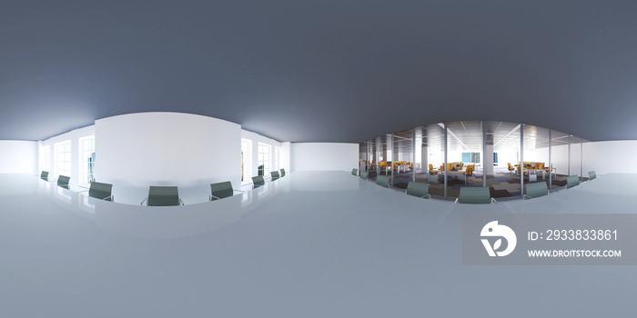 Pano VR 360 °, large office with desk and meeting room, 3d rendering, 3d illustration