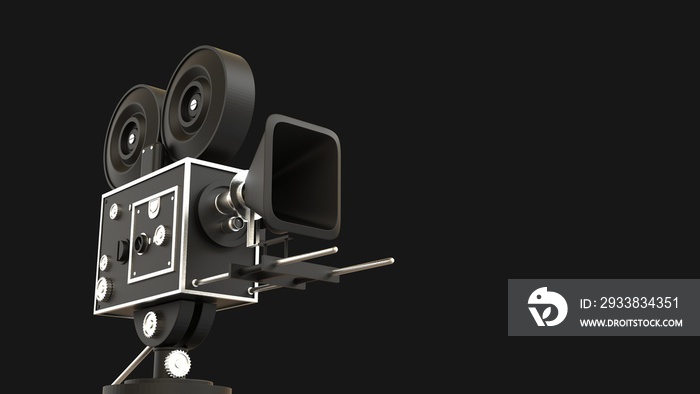 背景为黑色3D插图的电影摄影机3D插图